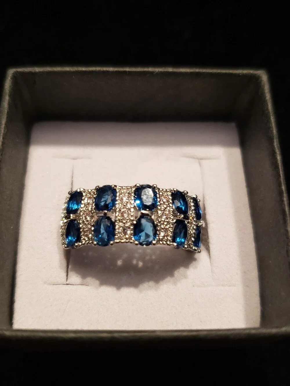 NEW Blue Sapphire Stamped 925 Fashion Ring, Wide Band W/oval Stones & Pavé